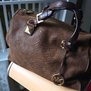 Michael Kors Brown Suede Leather Python Embrossed Handbag